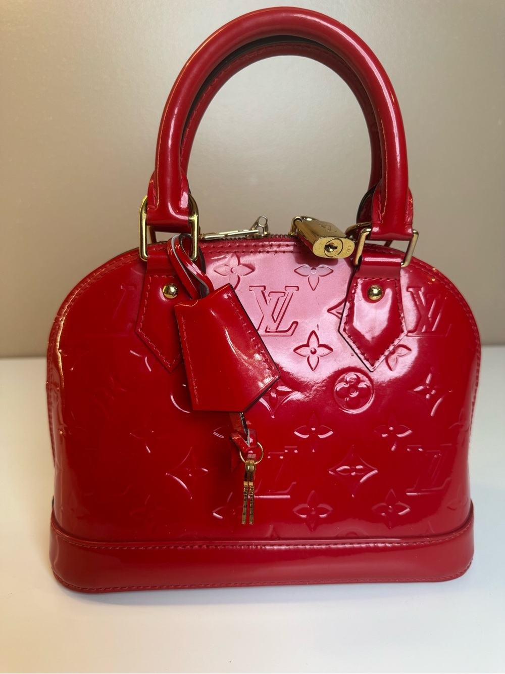 Louis Vuitton Red Patent Alma Satchel with Gold Hardware - Picture 3 of 10